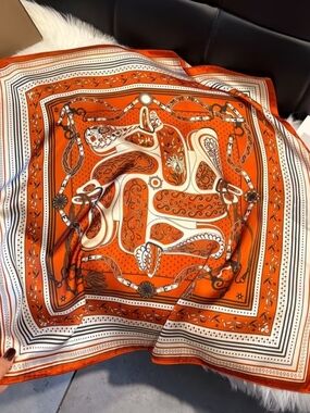 Orange and White Equestrian Print Silk Scarf